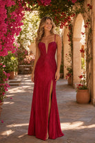 Wine red plunging V-neck mermaid prom dress with rhinestone sparkle and side slit