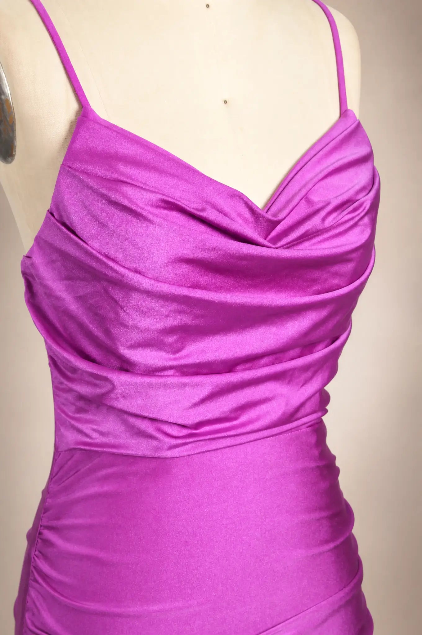 Purple satin ruched cowl-neck bodice with twisted drape and spaghetti straps.