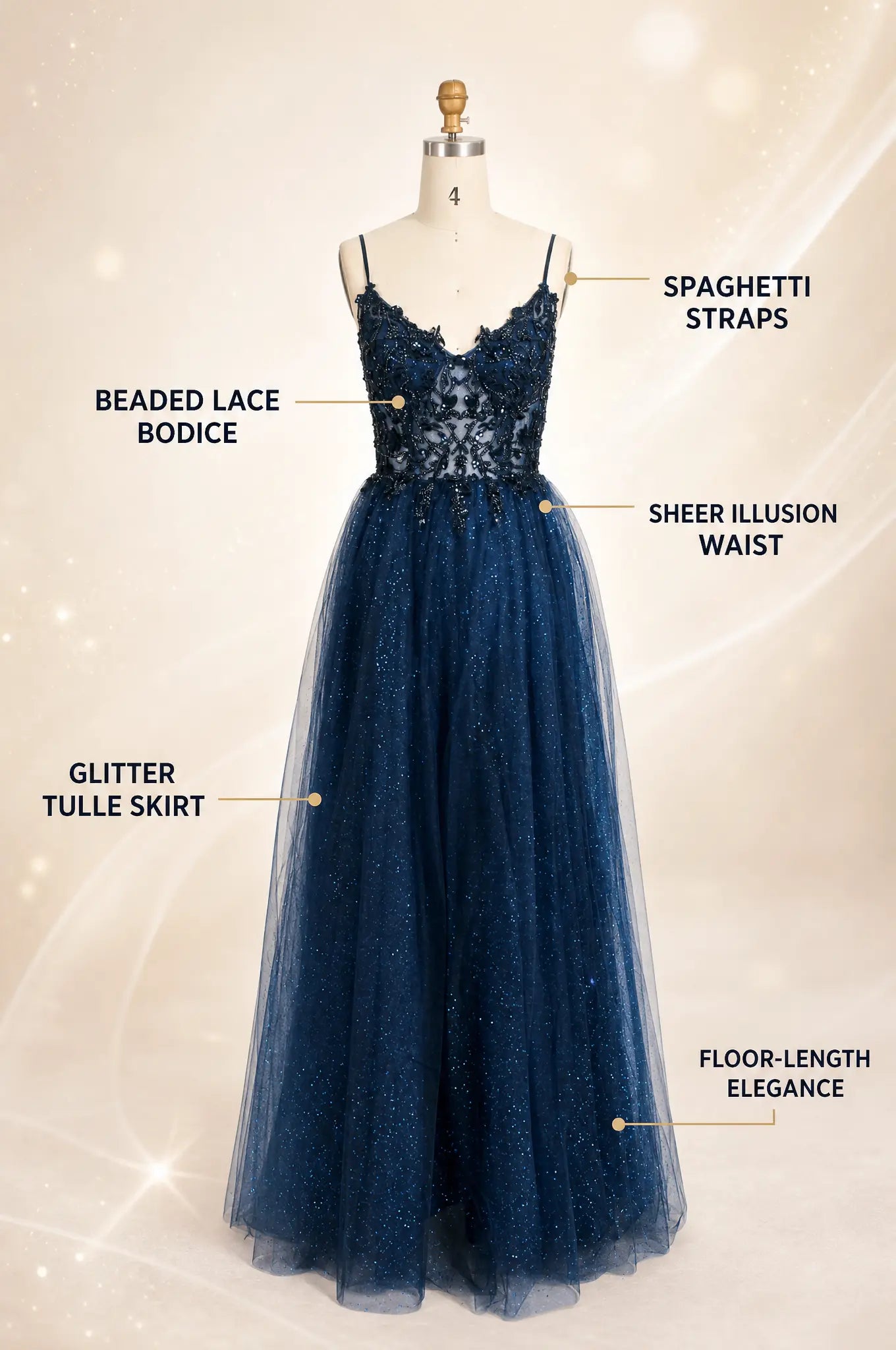 Navy A-line prom dress with beaded lace bodice, spaghetti straps, glitter tulle skirt