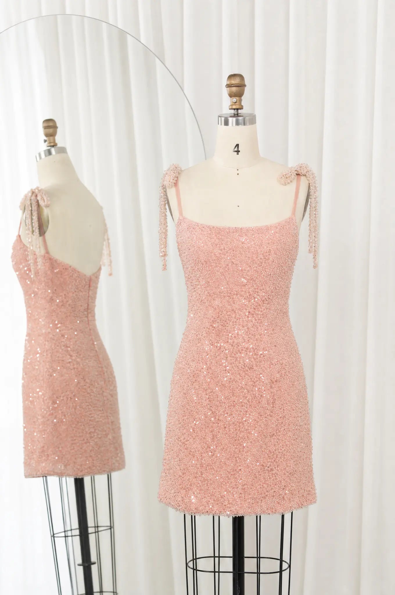 Pink fully beaded short homecoming dress with spaghetti straps and scoop neckline