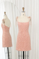 Pink fully beaded short homecoming dress with spaghetti straps and scoop neckline