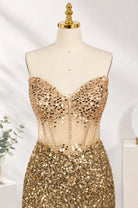 Gold sequined strapless corset mini dress with sweetheart neckline
