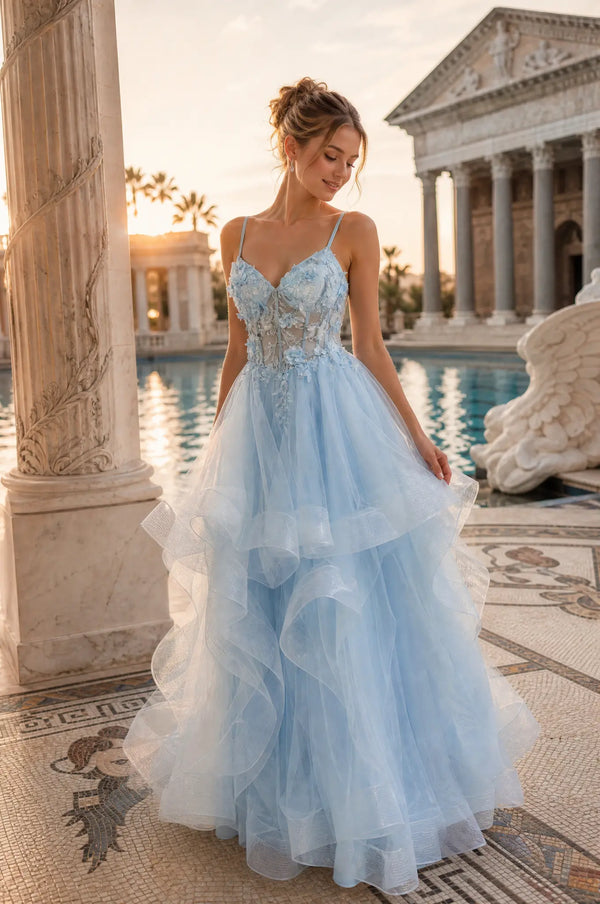 Enchanting 3D Floral Corset & Tiered Ruffle Tulle Prom Dress TFB 5033 | blissfulprom
