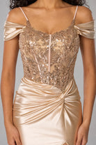 Champagne satin prom dress with gold lace bodice and draped off-shoulder sleeves