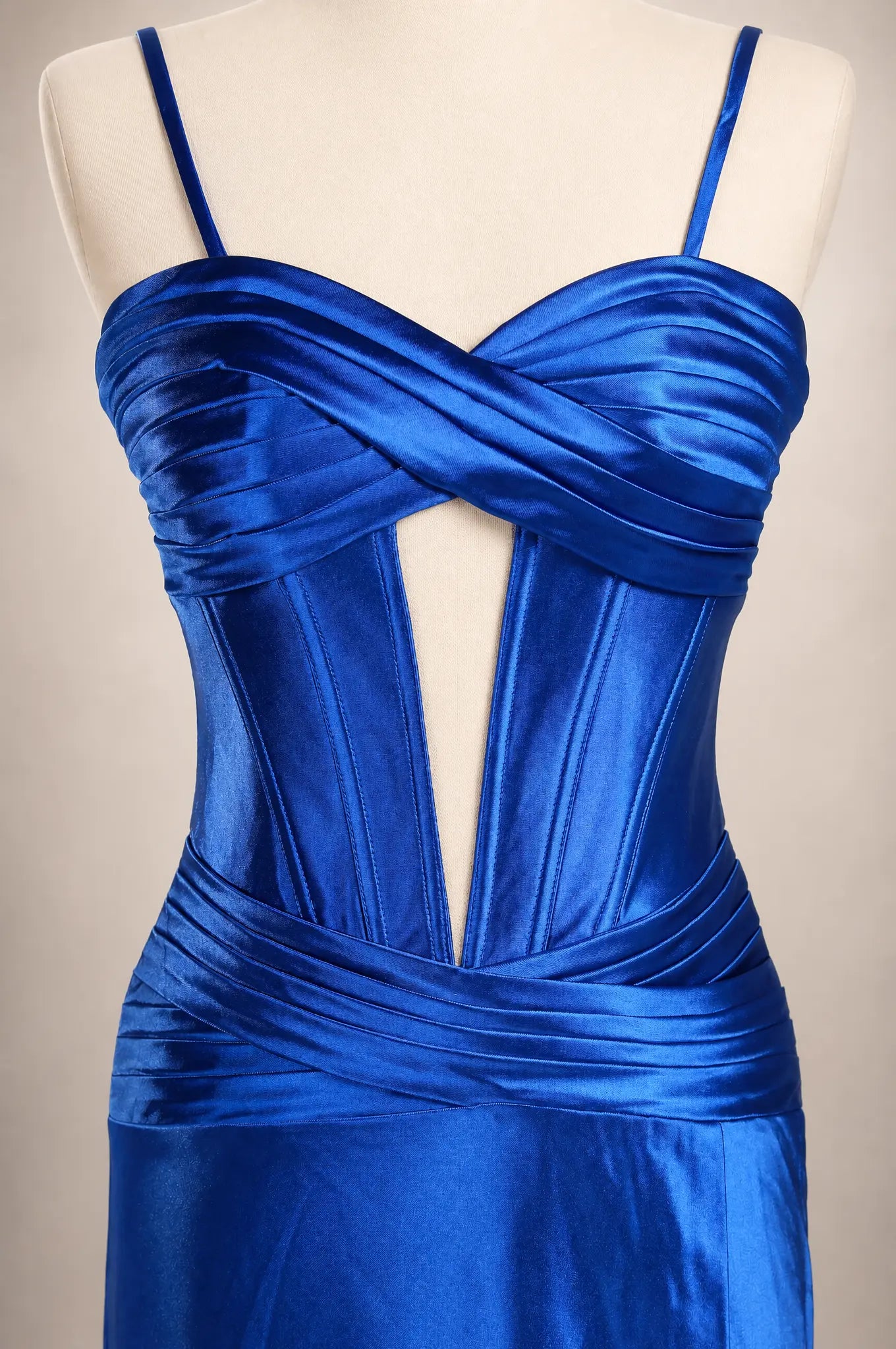 Royal blue satin corset prom dress with draped bust, detachable straps, mermaid slit