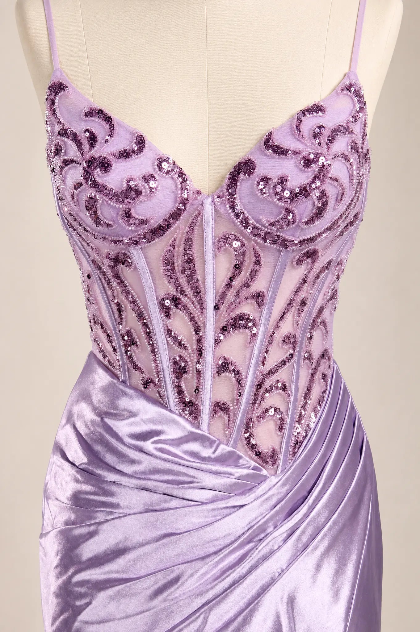 Lilac sequin corset bodice with beaded swirl patterns and spaghetti straps