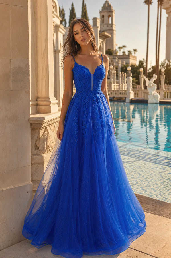 KADIA royal blue corset-style tulle gown with spaghetti straps and full skirt