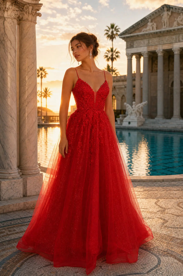Red lace evening gown with corset bodice, spaghetti straps, V-neck, open back
