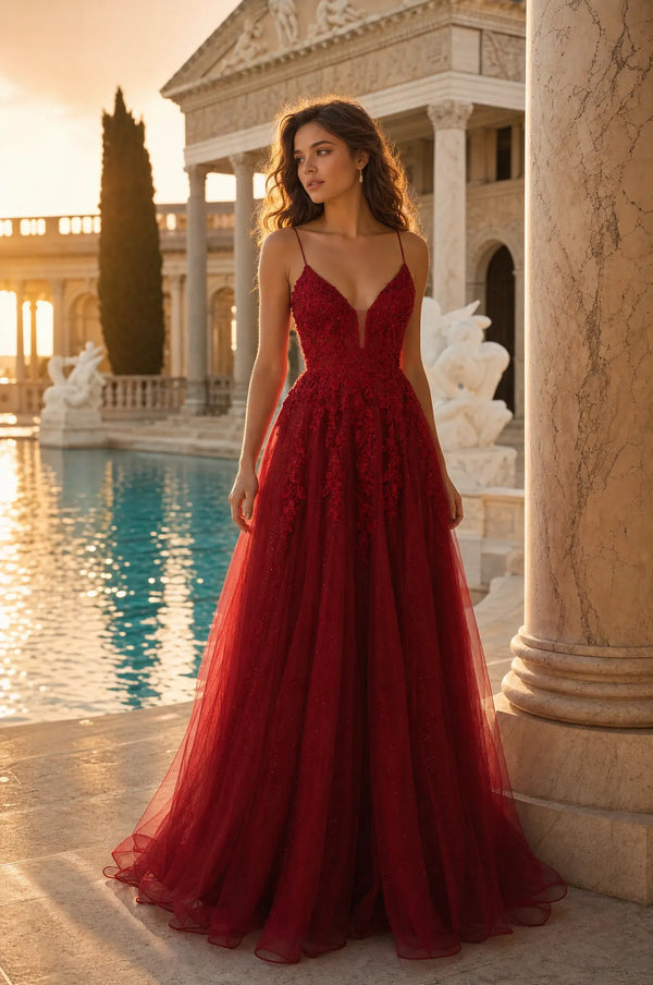 KADIA wine lace dress with spaghetti straps and full flared skirt