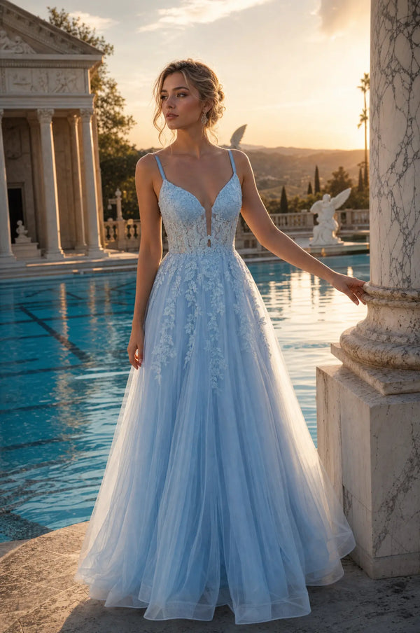 KADIA light blue lace A-line dress with thin straps and sweetheart neckline