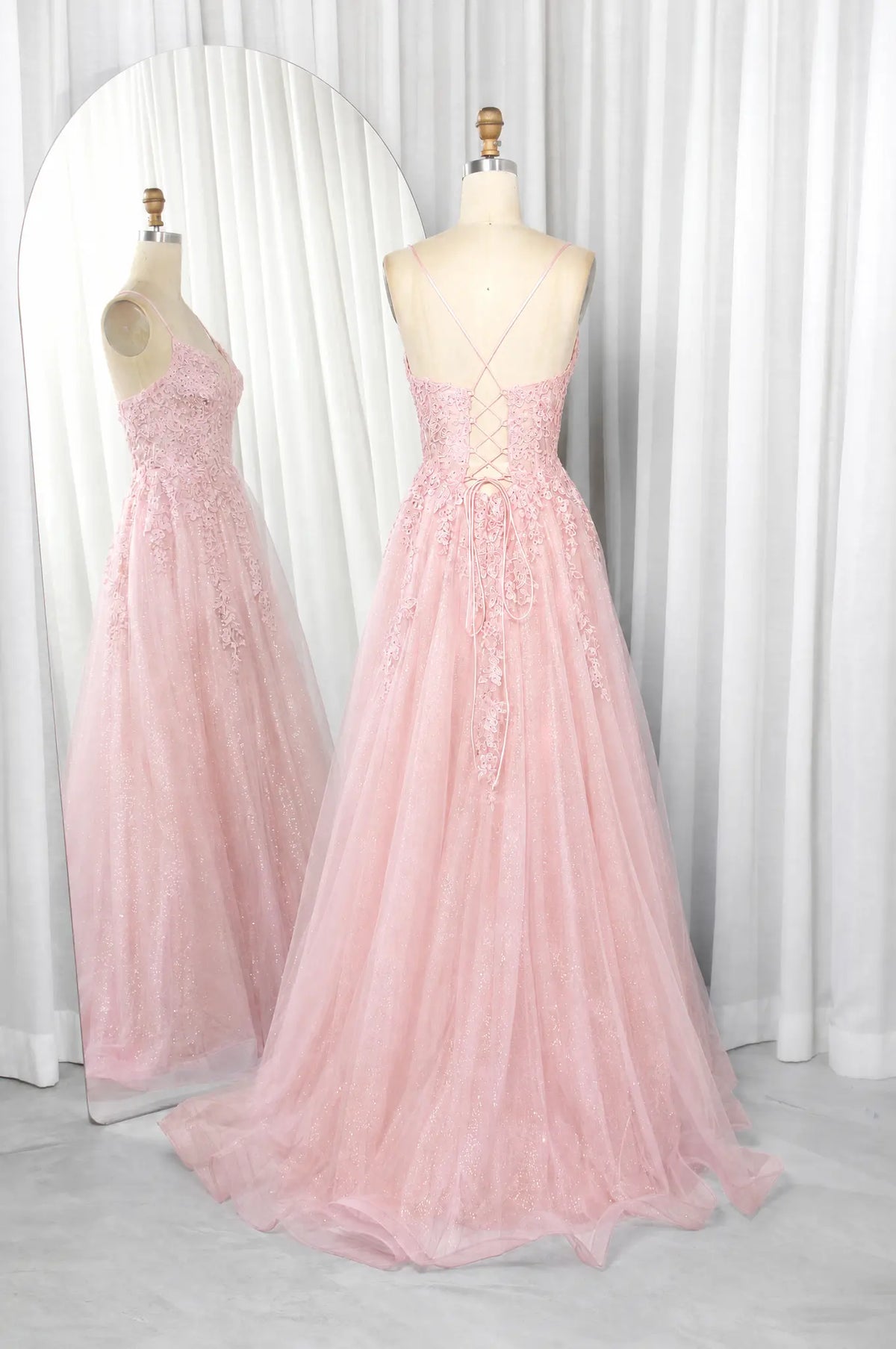 Kadia Pink Lace Corset A-Line Prom Dress | blissfulprom
