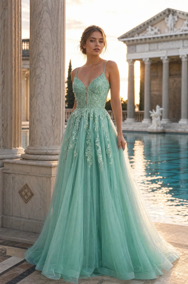 Sage green embroidered lace bodice A-line tulle gown with thin straps