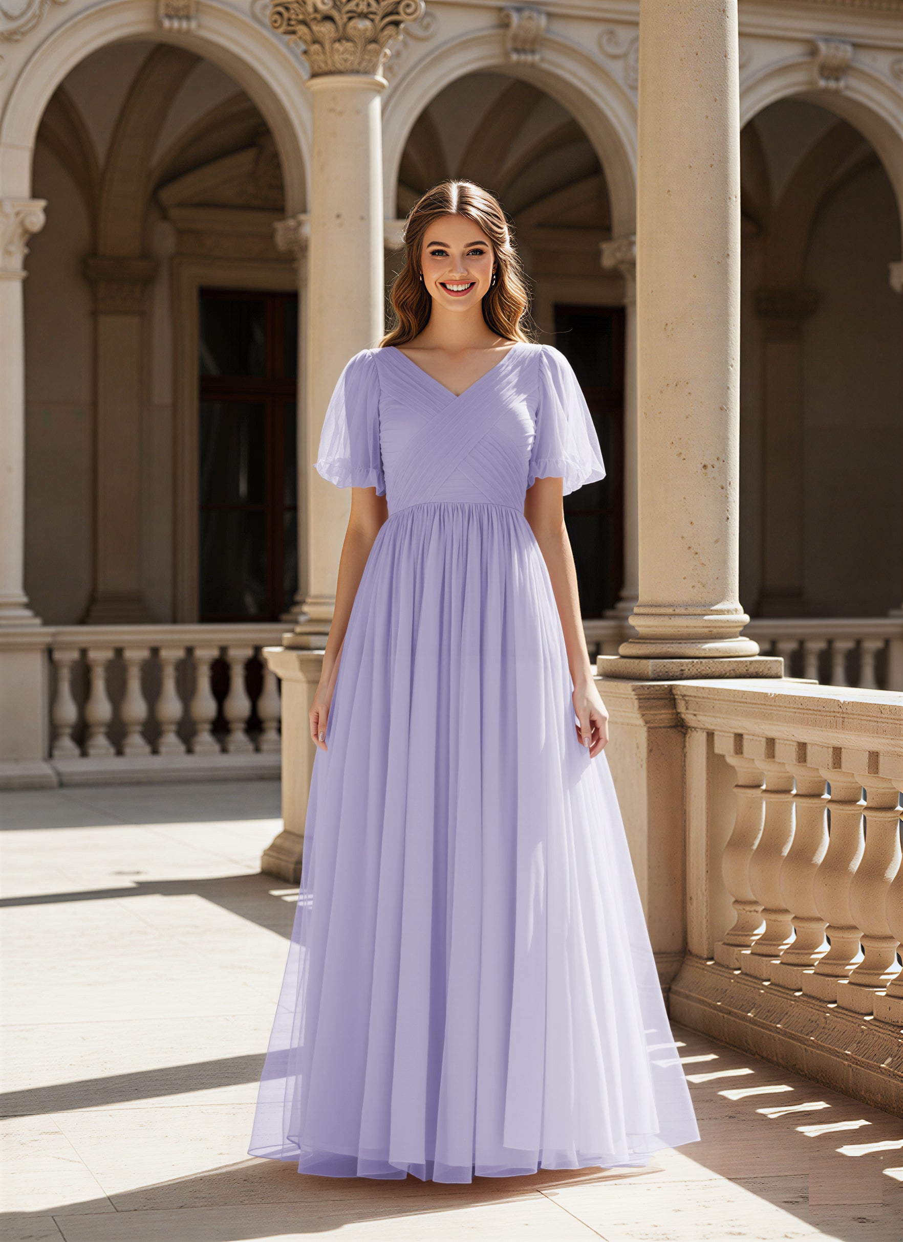 Graceful Bridesmaid Gown - Flutter Sleeve Design TFB8073