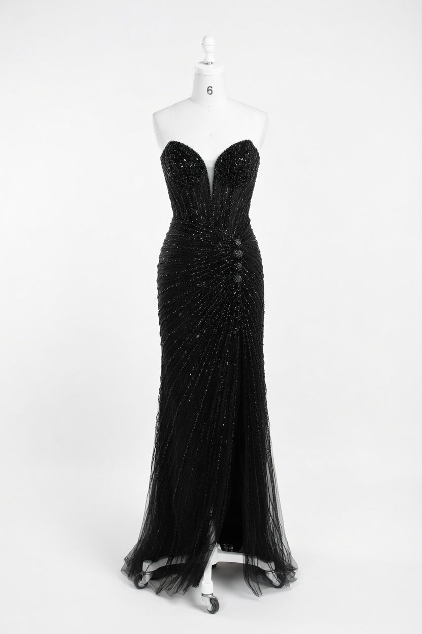 Strapless Beaded High Slit Prom Dress with Plunging Sweetheart Neckline TFB 8079 | blissfulprom