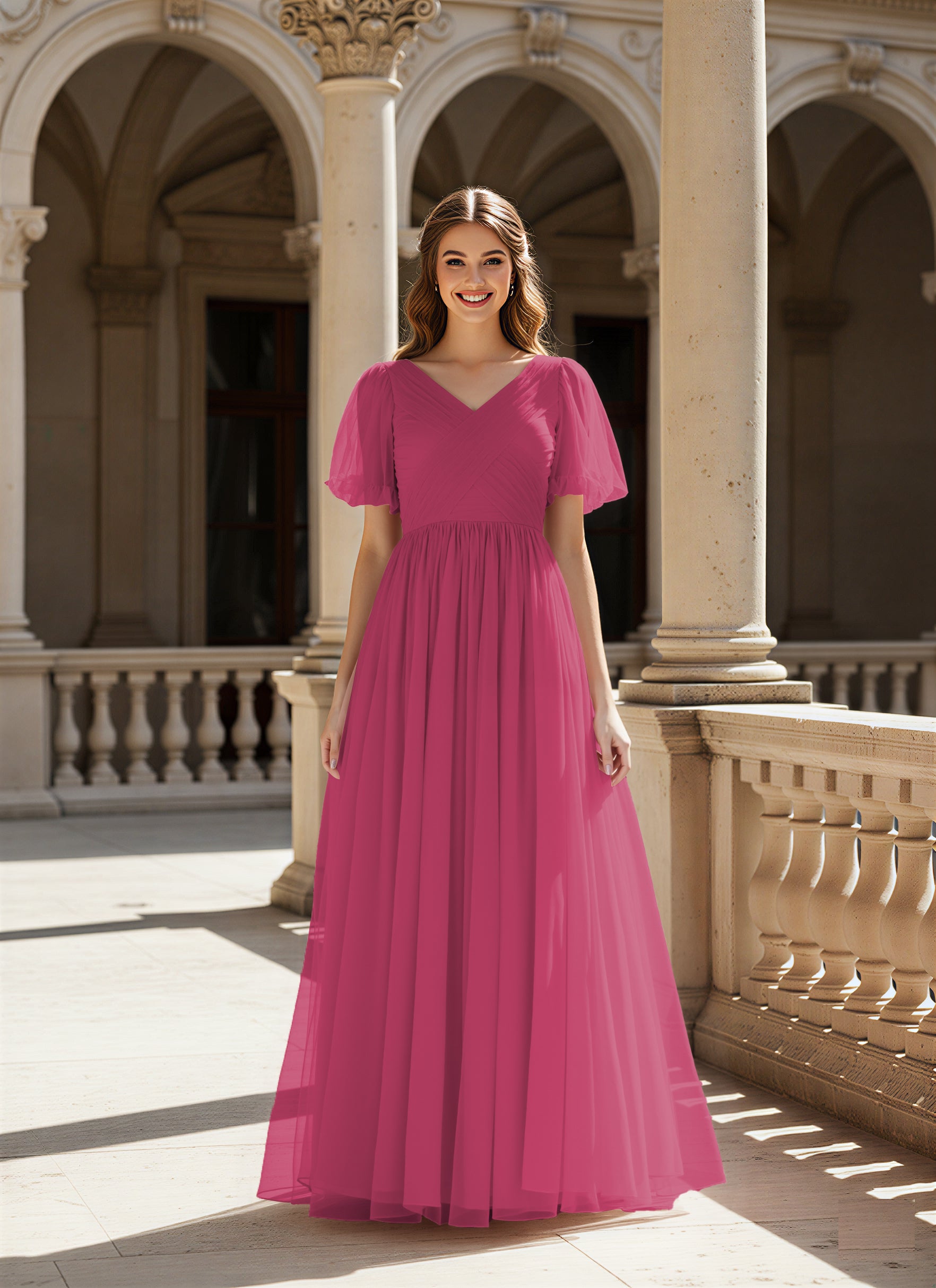 Graceful Bridesmaid Gown - Flutter Sleeve Design TFB8073