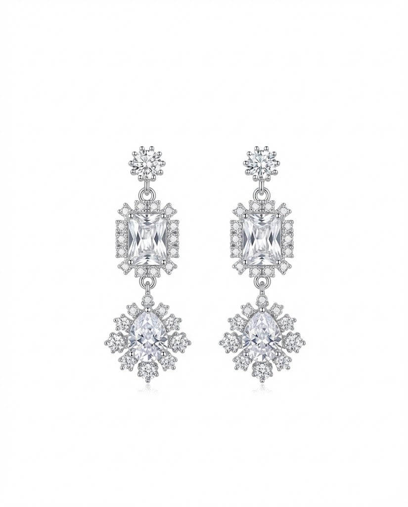 Luxury Silver-Tone Halo Drop Earrings with Radiant Cut Crystals - YD001