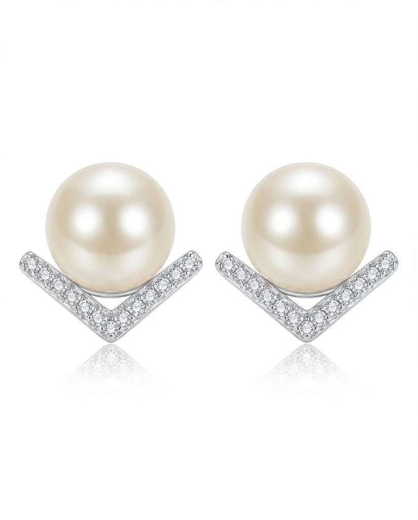 Modern Silver-Tone V-Shape Crystal & Pearl Stud Earrings - RM003