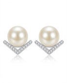 Modern Silver-Tone V-Shape Crystal & Pearl Stud Earrings - RM003